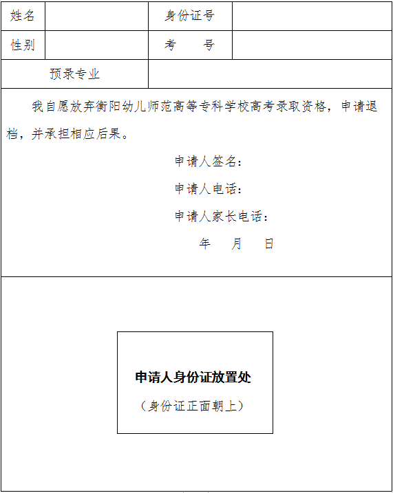 自愿放棄衡陽幼兒師范高等?？茖W(xué)校2020年高考錄取資格申請表